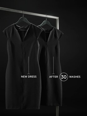 A black dress before and after 30 washes with no visible colour fade