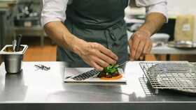 A chef plating up A plate of perfectly presented gourmet food