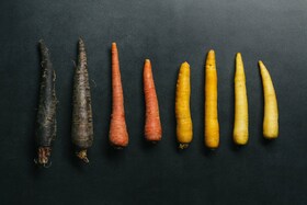 A range of differently coloured carrots