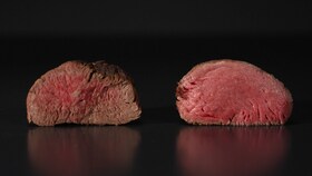 Comparison image of two roast joints of beef. The steam roasted joint is larger and juicer.
